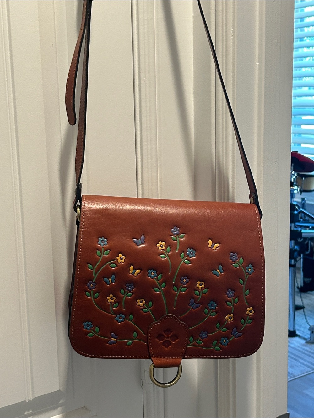 Patricia Nash Brown Leather Floral Embossed Crossbody with Green & Blue Accents